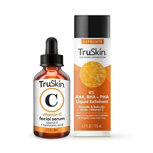 트루스킨 TruSkin 비타민 C 세럼 & 리퀴드 엑스폴리언트 듀오 – 페이스 1oz AHA BHA PHA 4.2oz 더 밝고 매끄러운 피부 균일한 톤과 결 잔주름과 주름 개