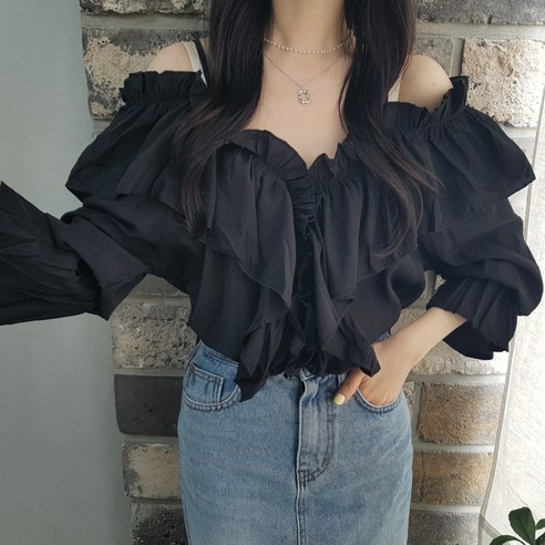 상상그이상 여성용 오프숄더 끈블라우스 왕프릴 셔링 파스텔 블라우스 여리여리 끝판왕 페미닌룩