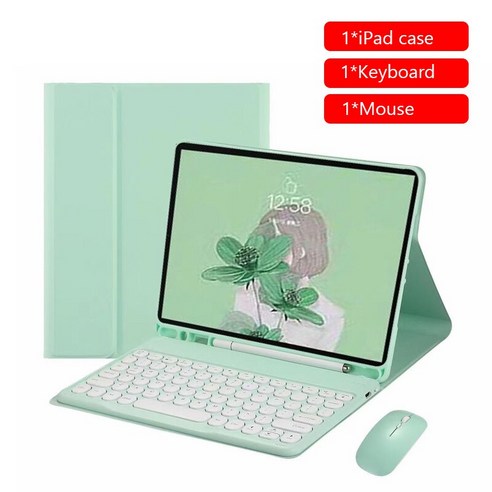 [시요] IPad Air 4 10.9 용 Bluetooth 호환 키보드 마우스 세트 iPad 10.2 2019 Air 3 2 1 Pro 11 2020 10.5 9.7 2018, greenwithcase, 옵션1, 옵션1