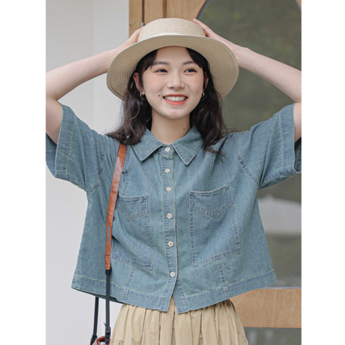 포플러앤씨 여성용 세임트 데님 셔츠 P24FST070905 여성데님셔츠 9 여름 여성 심플 빅포켓 카라넥 5부 반팔 크롭 숏 데님 청 셔츠 남방 자켓 재킷 스쿨룩 여자