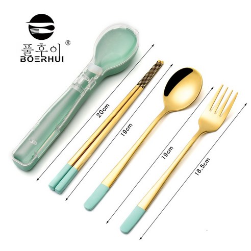 ZZJJC 304 스테인리스 휴대용 식기세트 포크스푼 수저 삼종세트야외 식기, 골드나일블루 쓰리피스[젓가락] 포크스푼 영롱함]양이 많