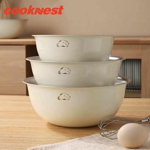 CookNest 연마제 없는 예쁜 스텐 볼 베이킹 믹싱볼 3종 세트, 1세트, 오프 화이트