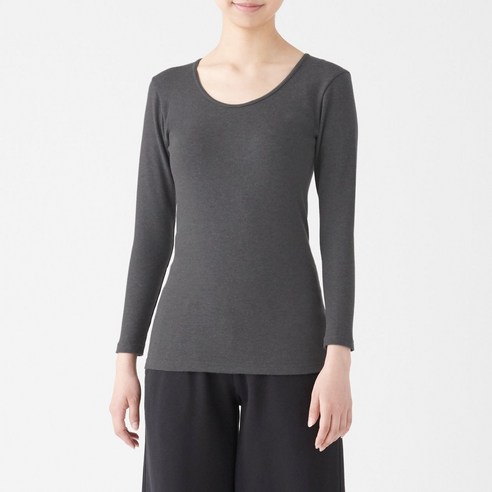 무인양품 MUJI 여성 따뜻한 코튼 울 스무스 U넥 8부소매 티셔츠
