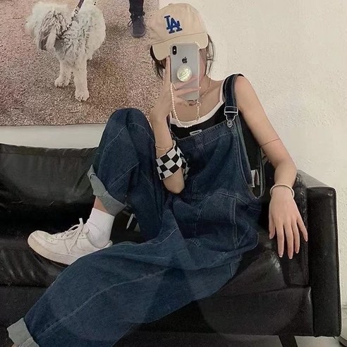 LOKEXING 루즈핏 여성 데님 멜빵바지 점프수트 청바지
