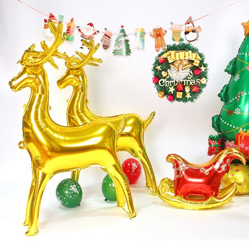 1+1+1 크리스마스 파티 초대형 인형 풍선 루돌프 썰매 세트 대형 사슴 산타 트리 홈파티 장식 용품 은박 소품, P89002D(골드세트