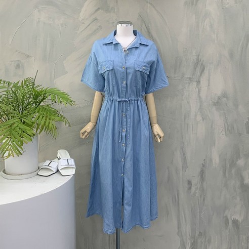 뷔스티에원피스 뷔스티에원피스 봉시스터즈 로제캉캉나시원피스 나시원피스 롱나시 프릴원피스 나시프릴 캉캉원피스 레이어드원피스 [행복여] 그레잇 스티치 플랩 포켓 셔츠 플레어 데님 청 원피스