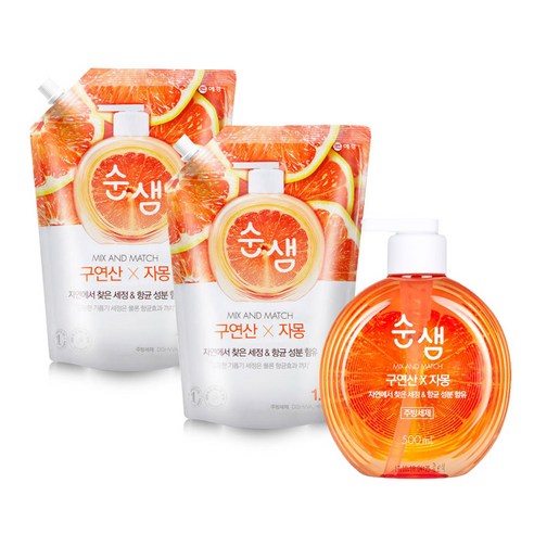 순샘 믹스앤매치 구연산X자몽 주방세제 500ml 용기 + 1.2L 리필 2개, 1개