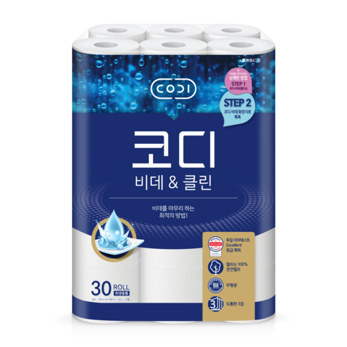 코디 비데앤클린 3겹 천연펄프 화장지 30m, 30롤, 3개