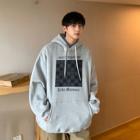 YANG 바둑판 후드 스웨터 남성 양털 안감 느슨한 게으른 가을과 겨울 한국어 스타일 유행 브랜드 코트