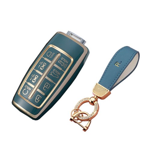 wrikri 제네시스 G80 G70 GV80 GV70 호환 8버튼 키케이스 + 골드 키링, 그레이 블루