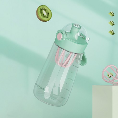tritan 플라스틱 컵 흔들 컵 잠금 버튼 뚜껑 직음 컵 심장 격자 믹서 음료 컵, 청색, 520ml