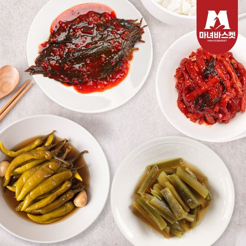 밥도둑4종 반찬 무말랭이 1kg+깻잎무침 1kg+간장고추1kg+궁채장아찌1kg, 총4개, 1kg