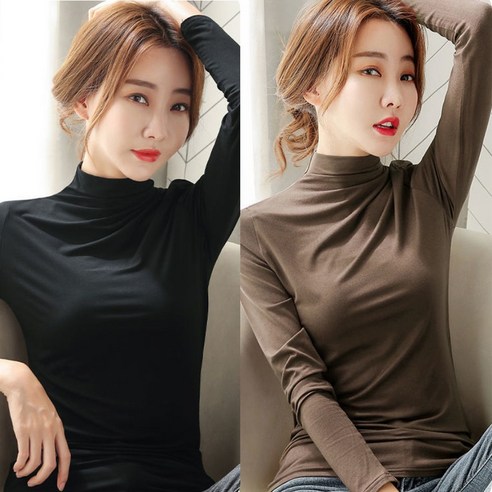 [1+1 2장] 봄 가을 겨울 여성 모달 스판 하이넥 이너티 슬림 긴팔 티셔츠
