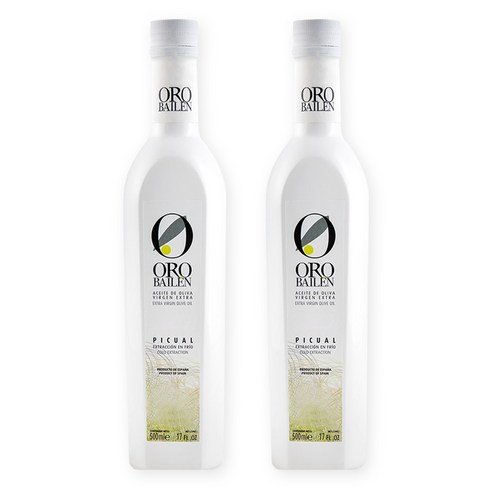 오로바일렌 피쿠알 500ml 2병 엑스트라버진 올리브오일 스페인 ORO BAIL?N BIO PICUAL 500 ML Extra Virgin Olive Oil Organic 500 ML Glass bottle, 500ml, 2개