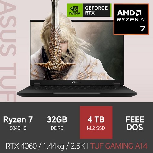 ASUS TUF Gaming A14 FA401UV-RG025 / R7-8845HS QHD RTX4060 32GB 4TB, TUF A14, Free DOS, 블랙