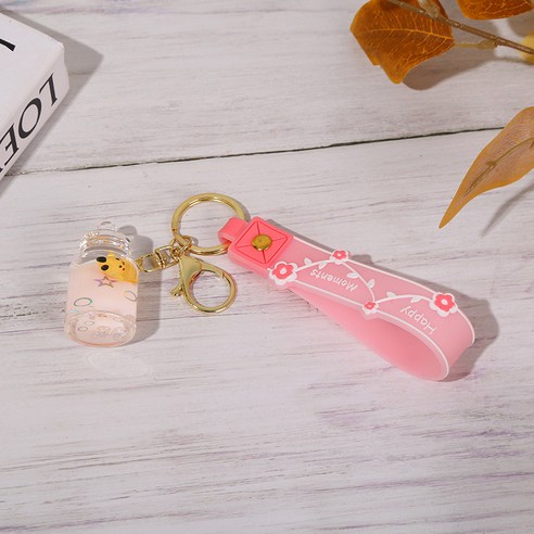 만화 액체 입유 표류병 열쇠고리 귀엽다 자동차 열쇠고리 커플 가방 걸이 작은 선물, 핑크/핑크