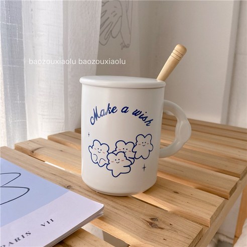 DFMEI 귀여운 만화 매트 세라믹 머그잔 여자 아침 우유 숟가락 뚜껑 컵, DFMEI 네 작은 곰 숟가락 커버