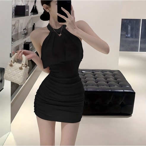 레티고 섹시 홀터넥 쉬폰셔링 슬림 미니 원피스