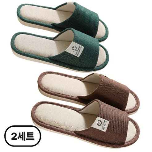 인리치 층간소음 방지 거실화 실내화 린넨 슬리퍼, 2세트, 그린(여)+브라운(남)
