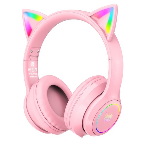 ONIKUMA RGB 무선 블루투스 헤드셋 고양이귀 헤드셋, 핑크