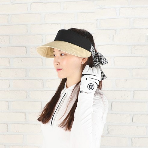 여성 지사 골프 체크 리본 스트랩 선바이저 썬캡 모자, 베이지/블랙