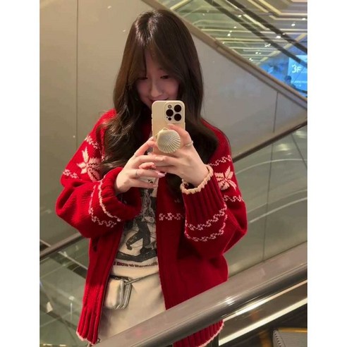 코위찬가디건 노르딕가디건 크리스마스 레드 지퍼 카디건