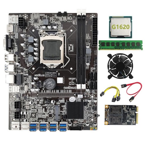 Lopbinte B75 BTC 마이닝 마더보드+DDR3 4GB 1333Mhz RAM+G1620 CPU+MSATA SSD, B75 ETH 마이닝 마더보드