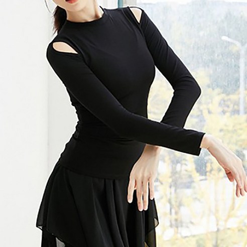 라인댄스복 라틴 여성 사교 댄스복 상의 성인 발레복 한국무용 연습복 홀 티셔츠, 블랙