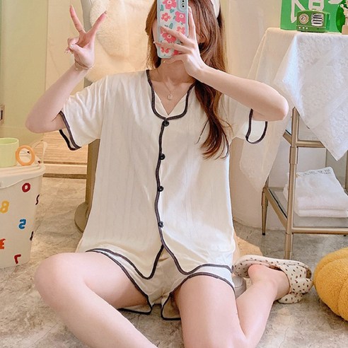 러브핑코 여성 반팔 레이스 잠옷 파자마 상하 세트 꽈배기