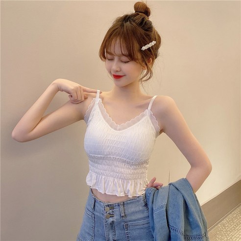 DFMEI 여름 민소매 반팔 티셔츠 레이스 레이스 멜빵 나시