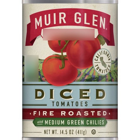 Muir Glen 오가닉 다이스드 토마토 통조림 파이어 로스티드 with 미디엄 그린 칠리, 411g, 1개