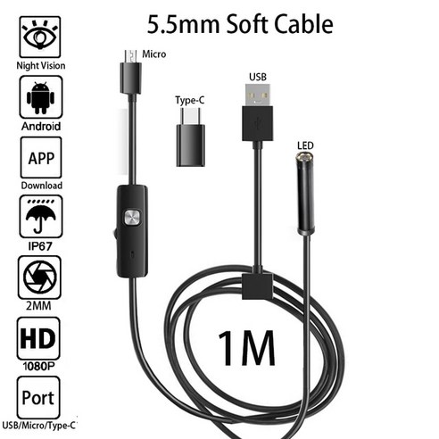 LED 귀 내시경 HD 검이경 귀지 청소 카메라 3 In 1 USB/마이크로/타입C 검사 스마트폰용, [01] 1M, 01 1M