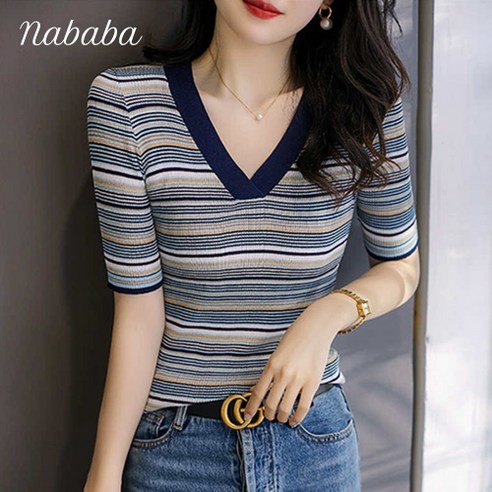 나바바 NK1235 여성 깔끔 스트라이프 브이넥 반팔 니트티 스트라이프니트 나바바 NK1235 여성 깔끔 스트라이프 브이넥 반팔 니트티 스트라이프니트