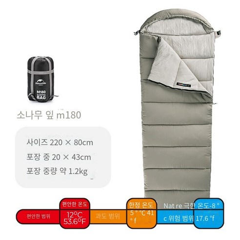 잠자기 가방 성인 남성 캠핑 야외 캠핑 가을과 겨울 두껍게 방한 침낭, 소나무 잎 녹색M180+풍선 베개 보내기