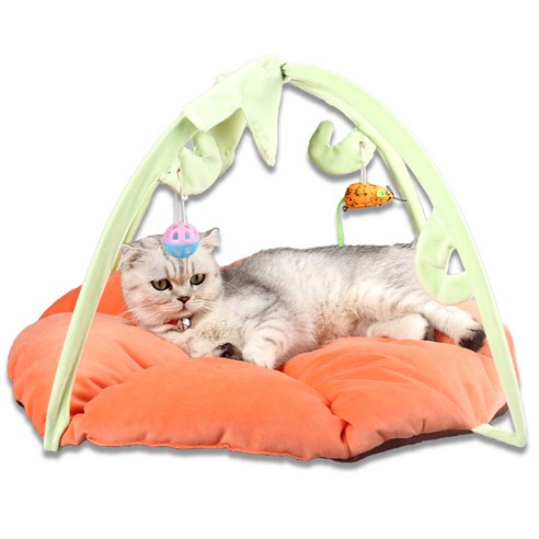 Runcats고양이 장난감 신형 모빌 텐트 고양이 침대 하우스 고양이집 접이식 고양이 용품 포함 깃털 쥐 물고기 장난감, 1개, 호박