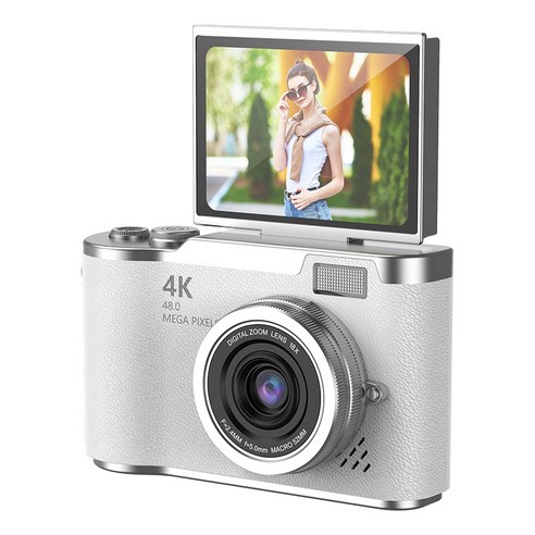 PYHO 디지털카메라 4800w 픽셀 회전 화면 하이엔드 카메라 4K 고화질 셀카 액션캠, 흰색