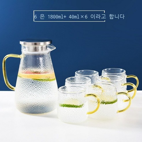 Hengyang풍 유리컵 가정용 세트 벨트 손잡이 뚜껑 내열 대용량 두꺼운 차 컵 벨트 여과망 망치 무늬 컵 받침(ml), 해머 주전자(1800ml) + 물컵 6개(400ml)