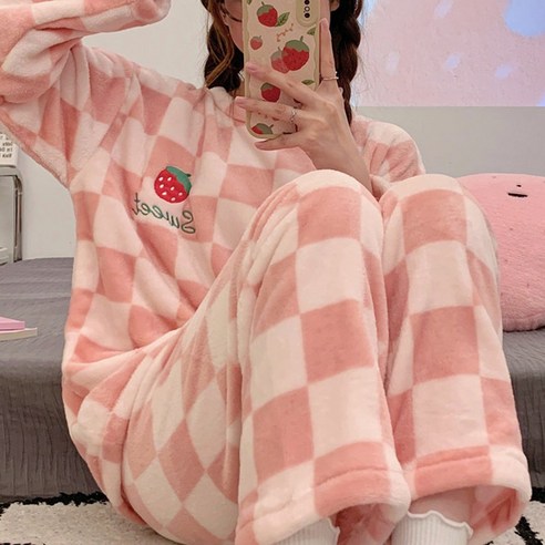 유토밸런 여성 극세사 수면 융털 상하의 세트 잠옷 – 겨울용 핑크계열