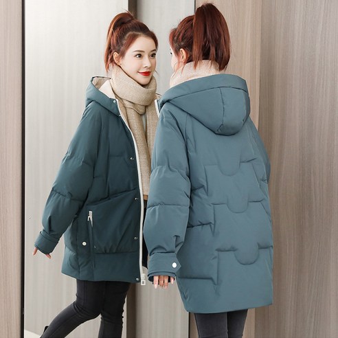 【DF】여성용 중형 코트 한국식 느슨한 두꺼운 면화 패딩 코트 코튼 패딩 코트 겨울