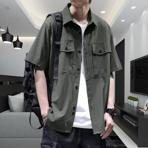 남성용 DM 오버핏 솔리드 반팔 워크셔츠
