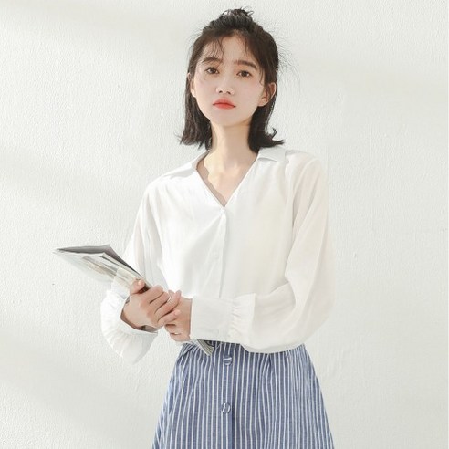 SU V 넥 셔츠 여성 통근자 의류 우아한 이른 봄 가을 긴 소매 셔츠 디자인 감각 틈새 다목적 한국어 스타일