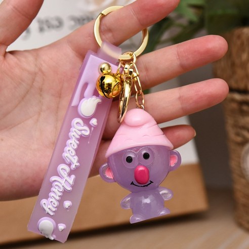 깜찍 발광 스머프 열쇠고리 캐릭터 카우보이 자동차 가방 액세서리 열쇠고리 작은 선물, 자주색