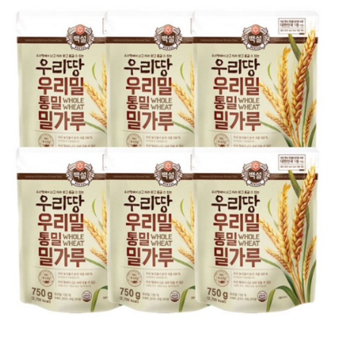 CJ 우리밀 통밀 밀가루 750g, 6개