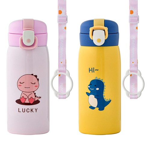코코메이트 원터치 보온보냉 공룡 텀블러(350ml) 스트랩세트, 핑크+옐로우, 1개