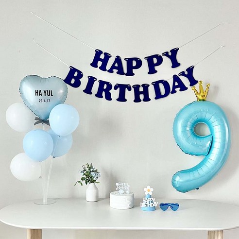 연지마켓 생일가랜드 생일 파티 용품 세트 숫자 하트 풍선 (자유레터링), 9, 1세트, 블루