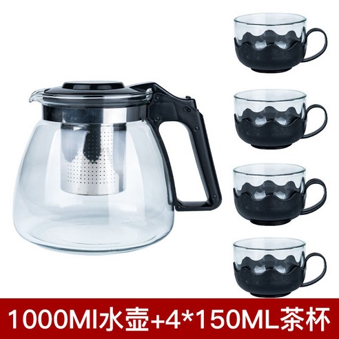 DFMEI 1000/2000ML 주전자 내열 방폭 유리 주전자 꽃 주전자 세트 대용량 차 주전자, DFMEI 1000ML 찻주전자 + 로터스 컵 4개, 1500ML 밀 귀 주전자