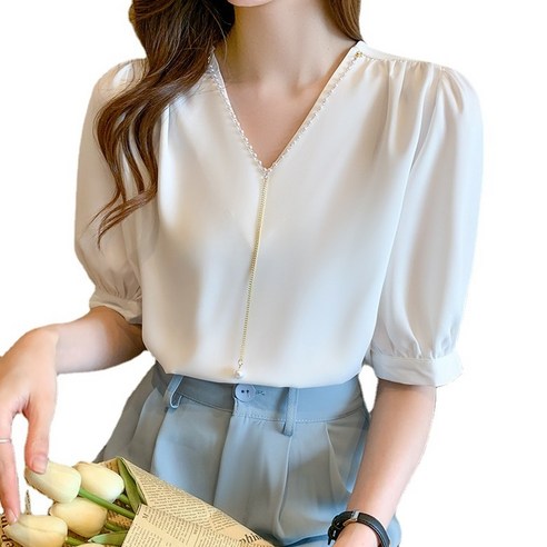 ANKRIC 시스루블라우스 V 넥 비드 체인 장식 짧은 소매 쉬폰 셔츠 여성 코트 여름 셔츠 여성의 실제 샷 여름 한국어 버전