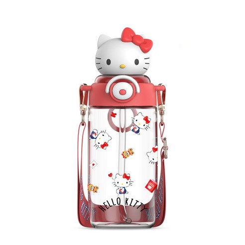 GOYES 산리오 어린이 캐릭터 투명 물병 빨대 물통 새학기 선물, 레드 키티, 1개, 650ml
