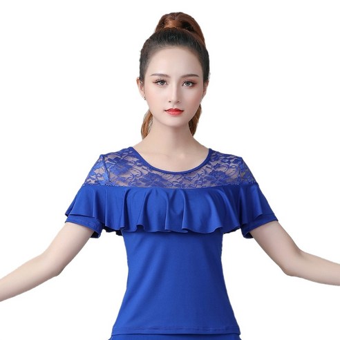 와우진플 프릴 레이스 반팔 댄스복 상의, 블루