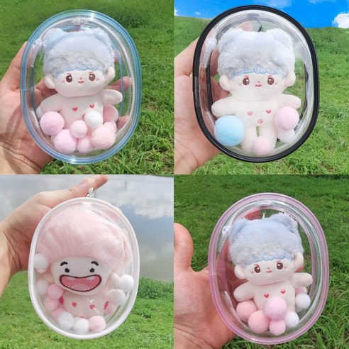 땡큐베리메르시 PVC 투명 인형파우치 키링 10cm 솜인형 가챠 피규어 화장품 파우치 보관가방 6컬러, 블루